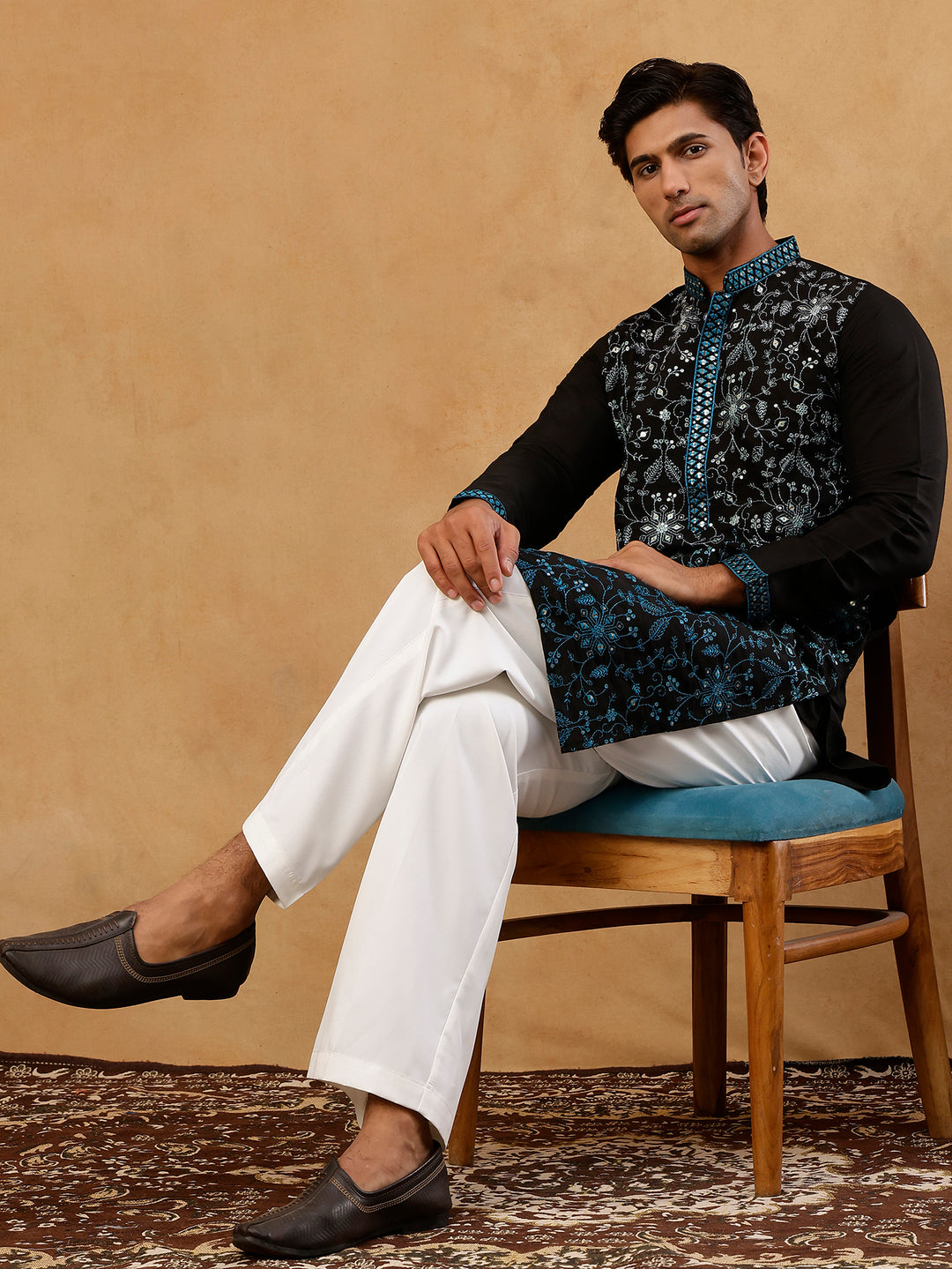 Men’S Silk Blend Embroidered Kurta With Korean Pants