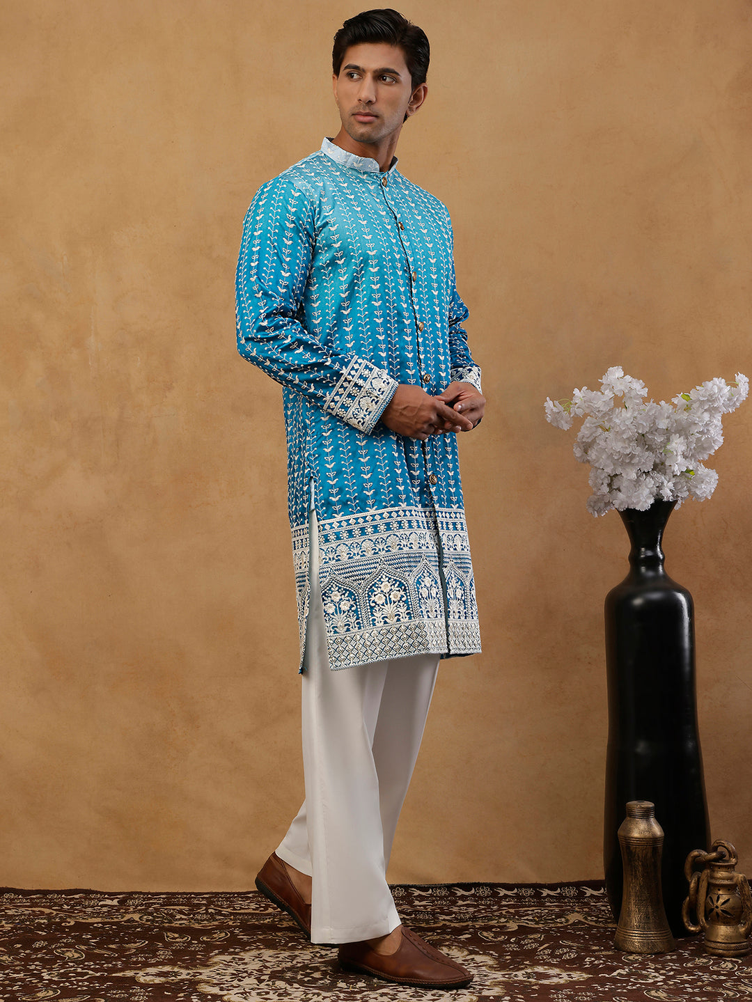Designer Embroidery Silk Blend Kurta With Korean Pants