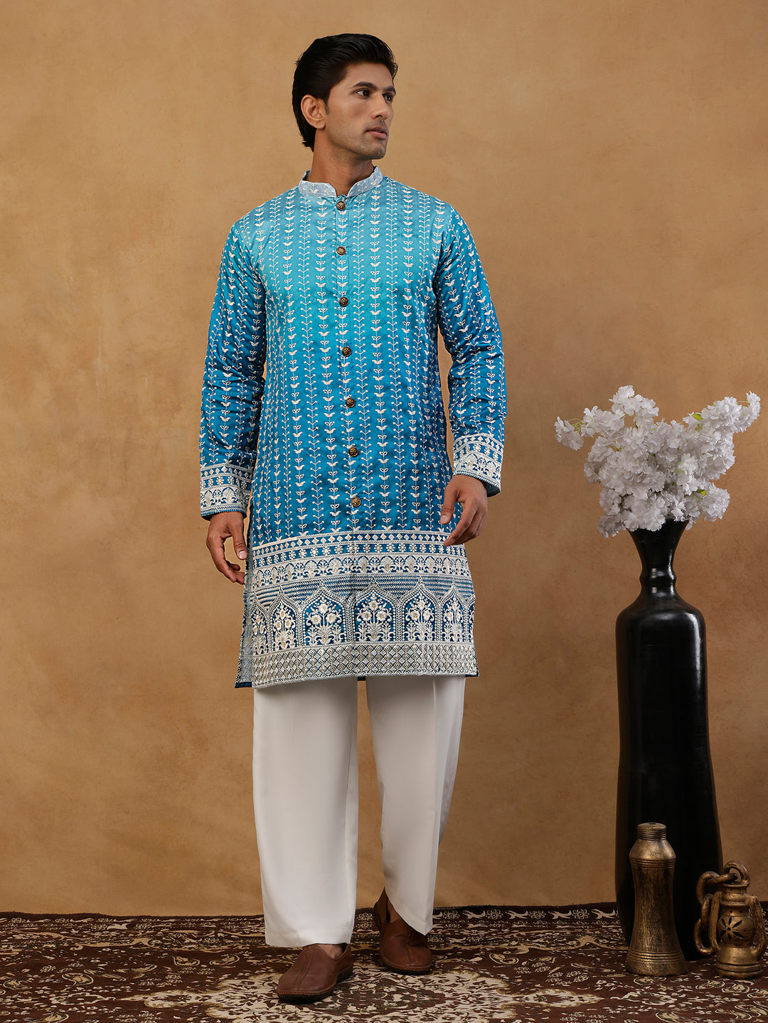 Designer Embroidery Silk Blend Kurta With Korean Pants