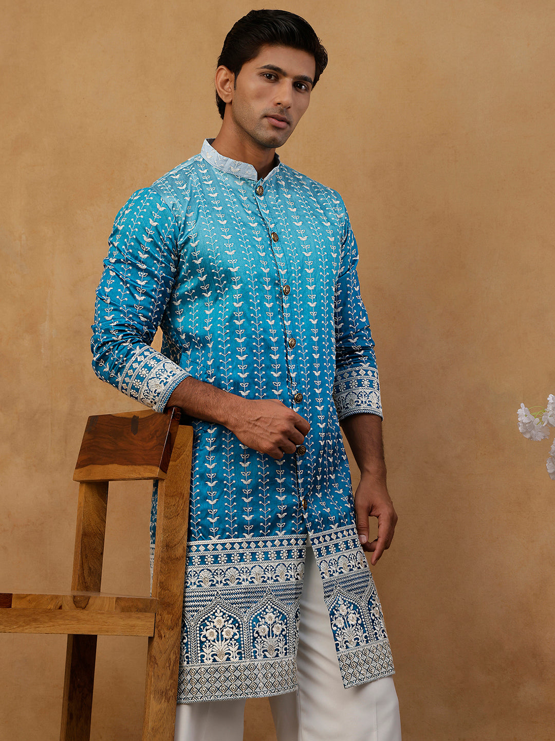 Designer Embroidery Silk Blend Kurta With Korean Pants