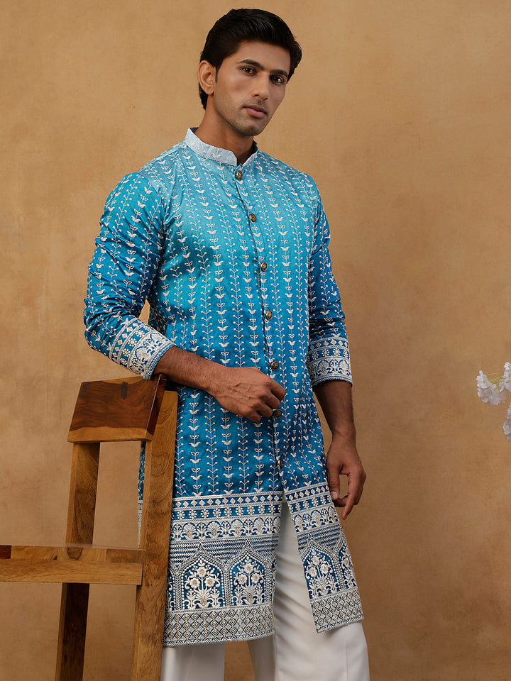 Designer Embroidery Silk Blend Kurta With Korean Pants
