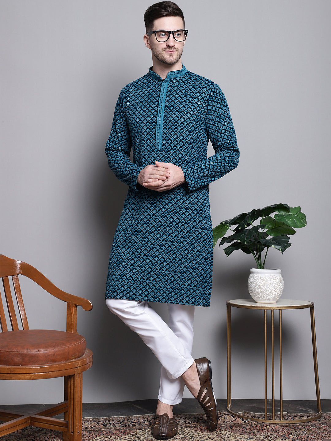 Sequin Embroidered Pure Cotton Kurta With Pyjamas