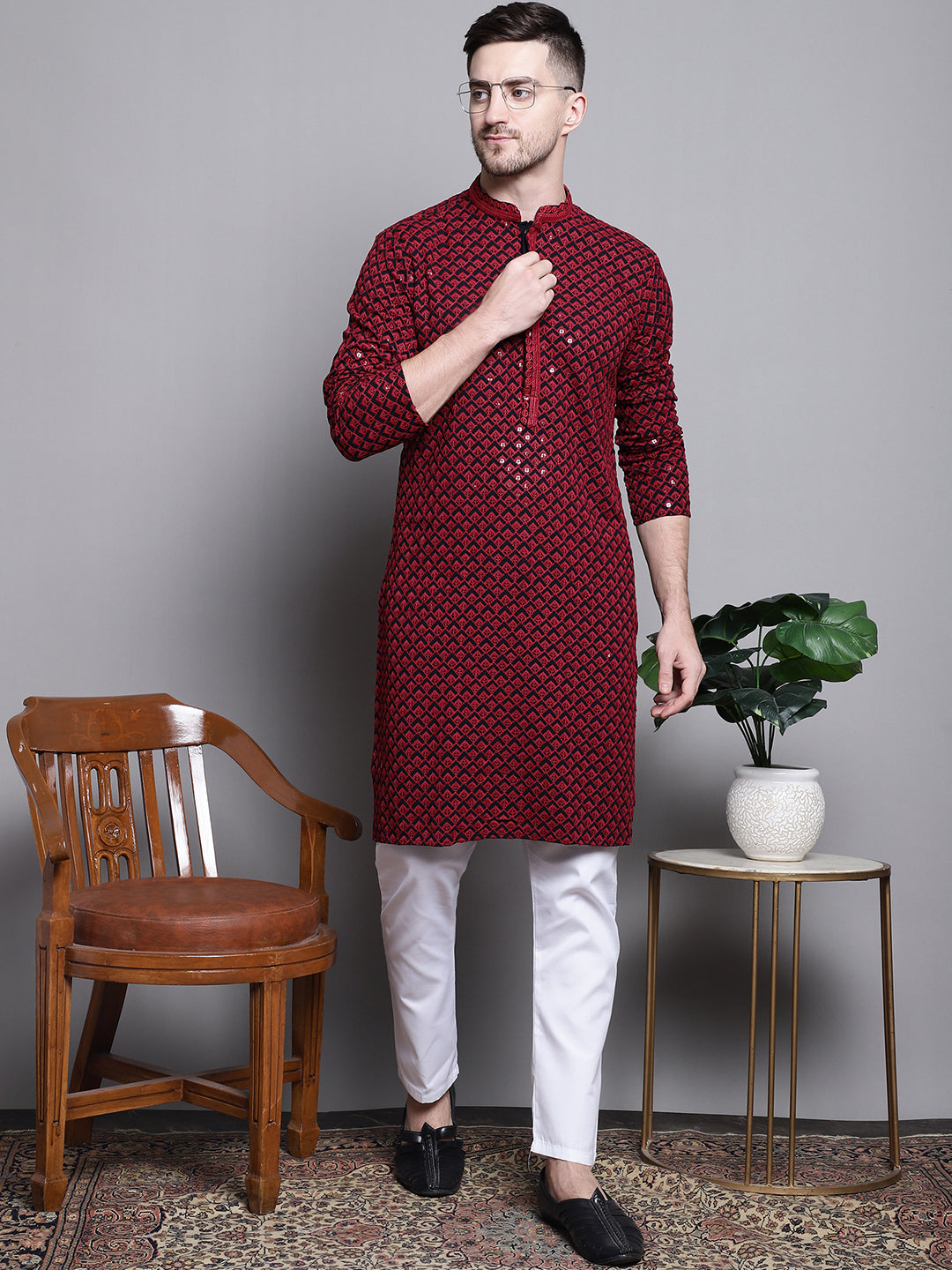 Sequin Embroidered Pure Cotton Kurta With Pyjamas
