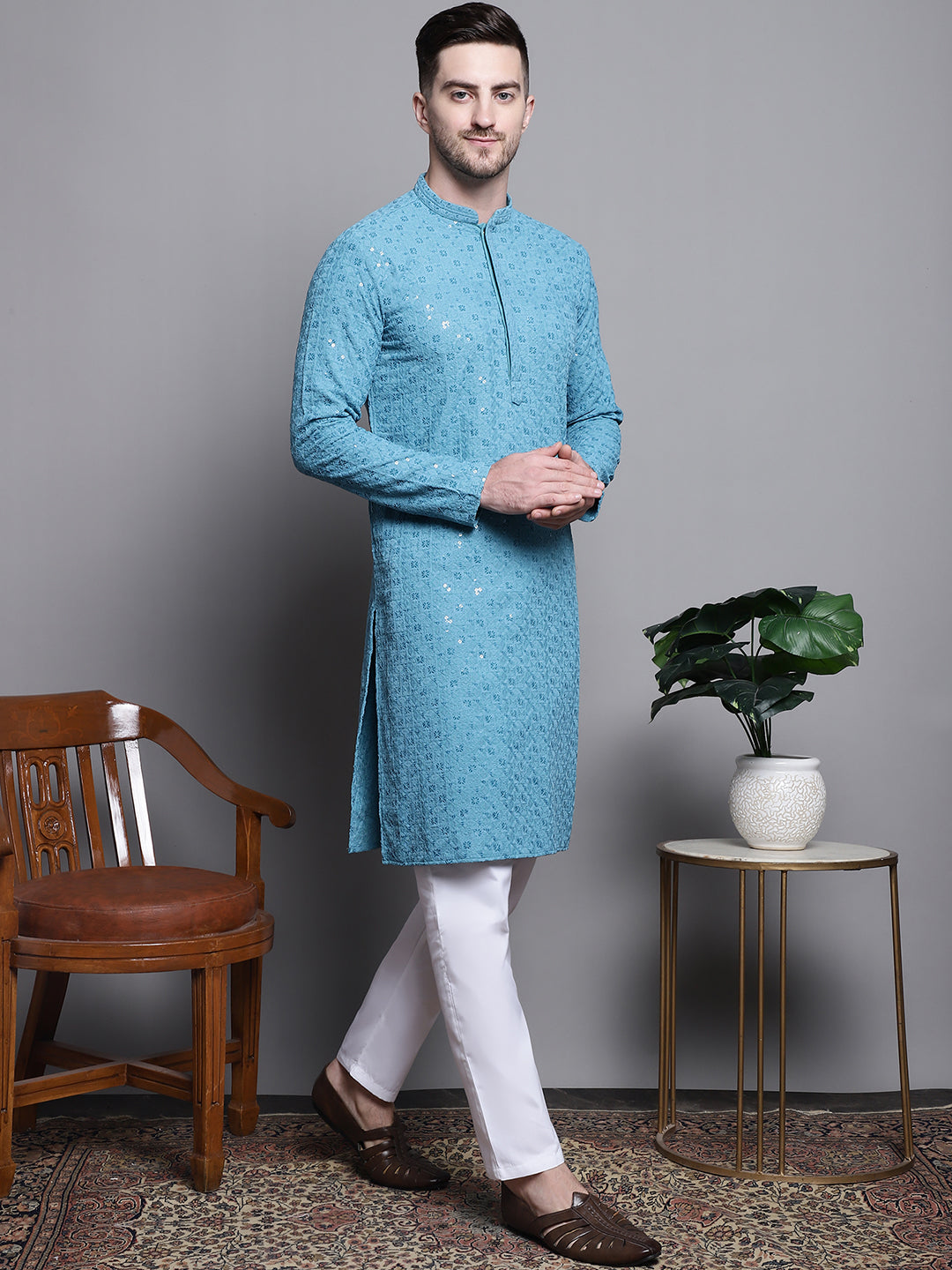 Sequin Embroidered Pure Cotton Kurta With Pyjamas