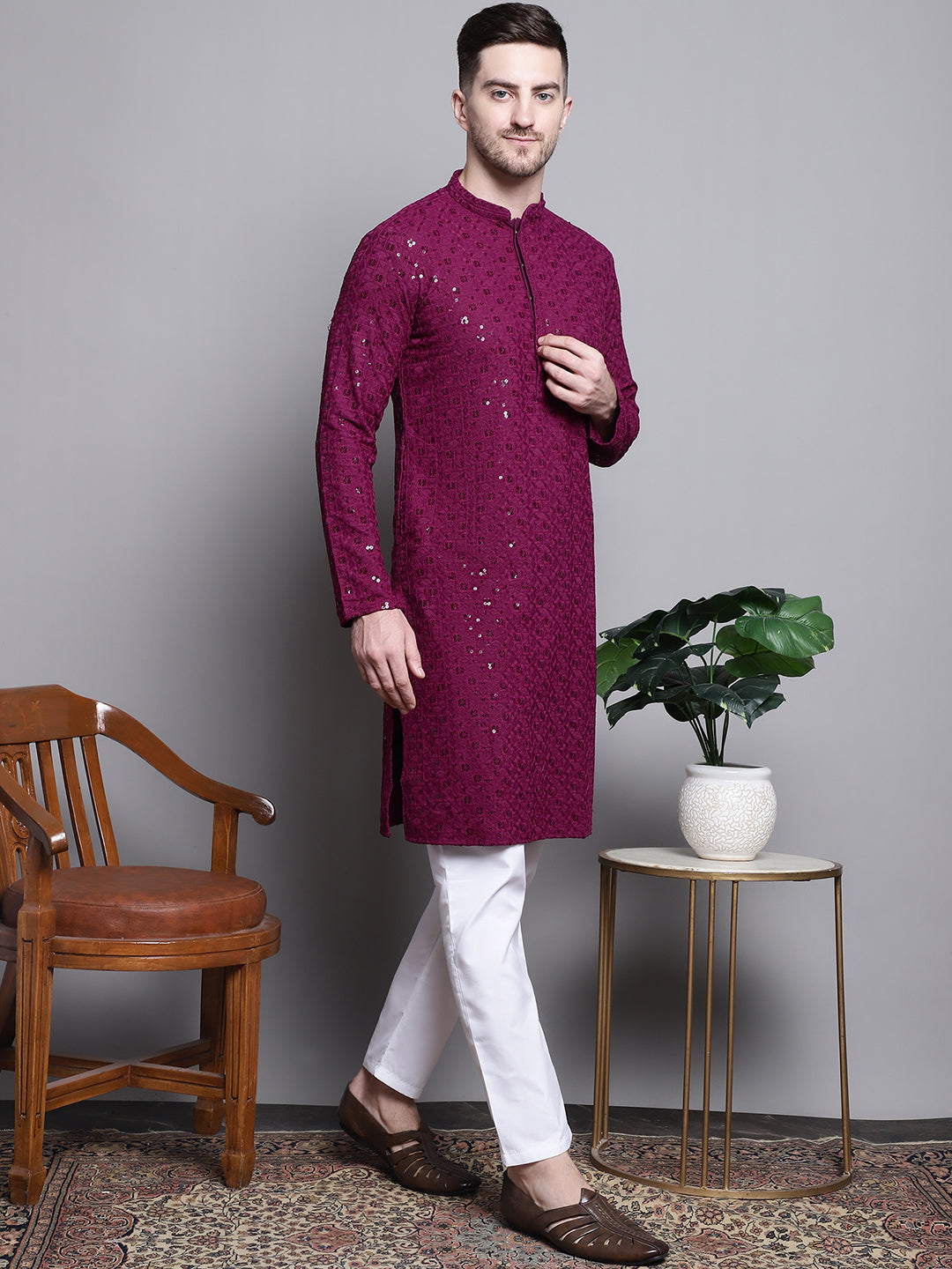 Sequin Embroidered Pure Cotton Kurta With Pyjamas