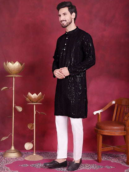 Men'S Sequins Chikankari Embroidered Kurta With Pyjama.