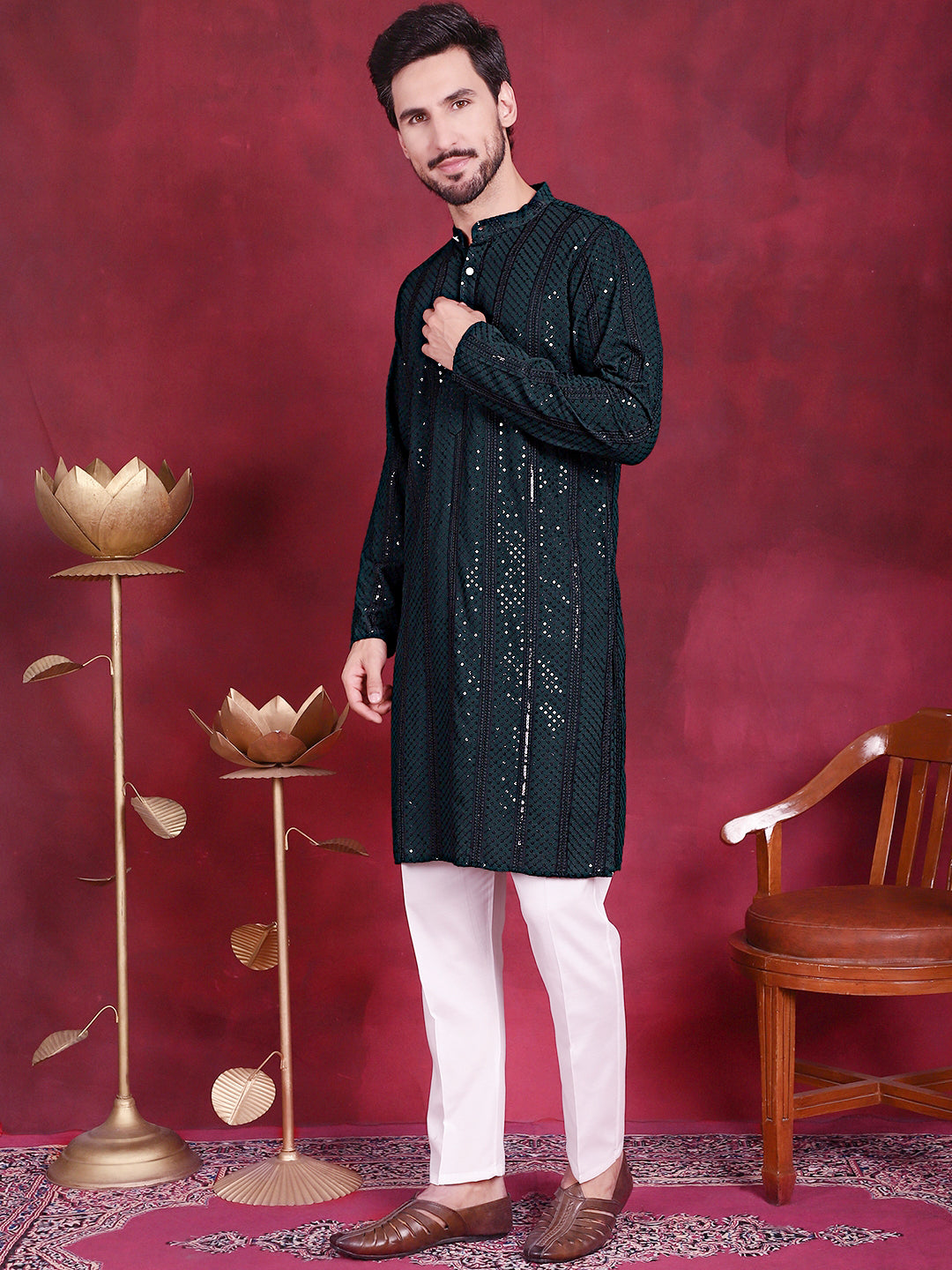 Men'S Sequins Chikankari Embroidered Kurta With Pyjama.