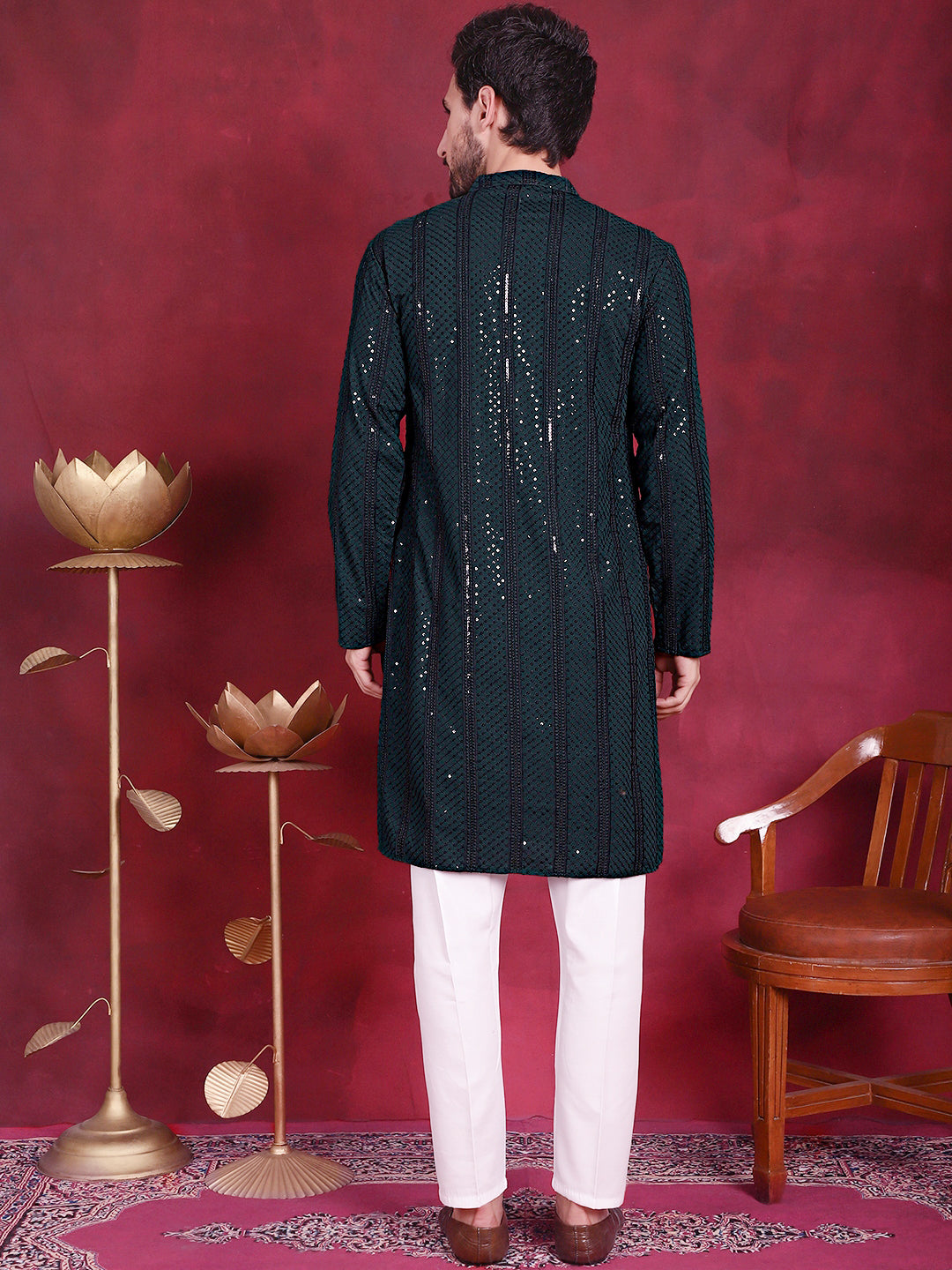 Men'S Sequins Chikankari Embroidered Kurta With Pyjama.