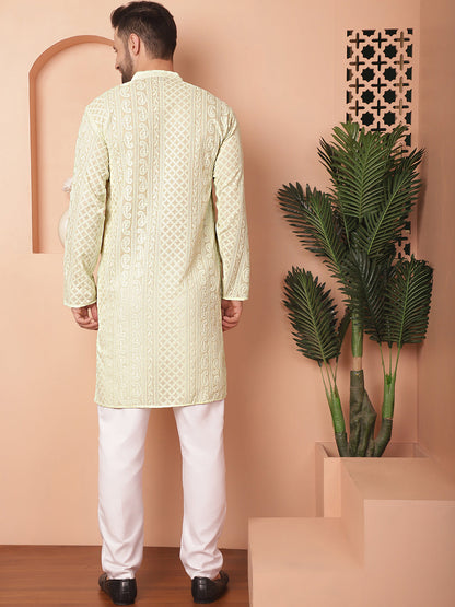 Men'S Chikankari Embroidered Kurta Pyjama Set.