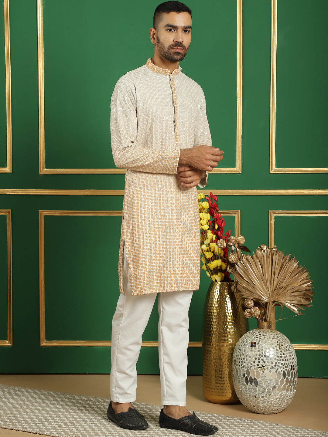 Men'S Sequins Embroidered Kurta With Pyjama.