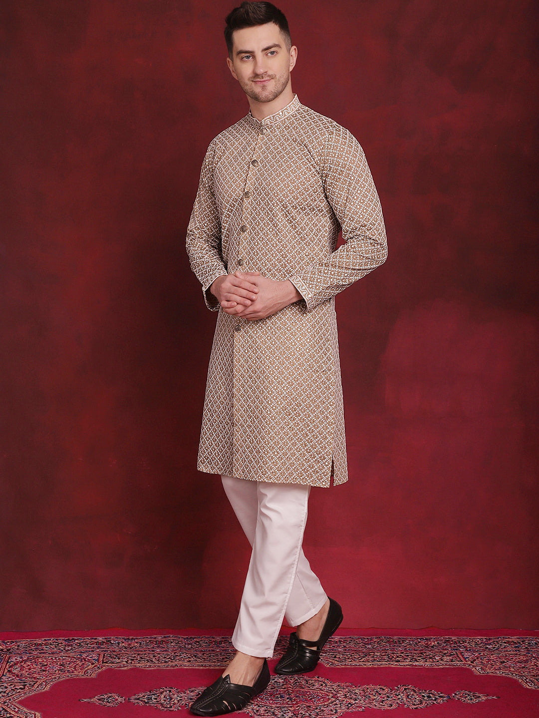 Sequin Chikankari Front Open Kurta With Pyjamas