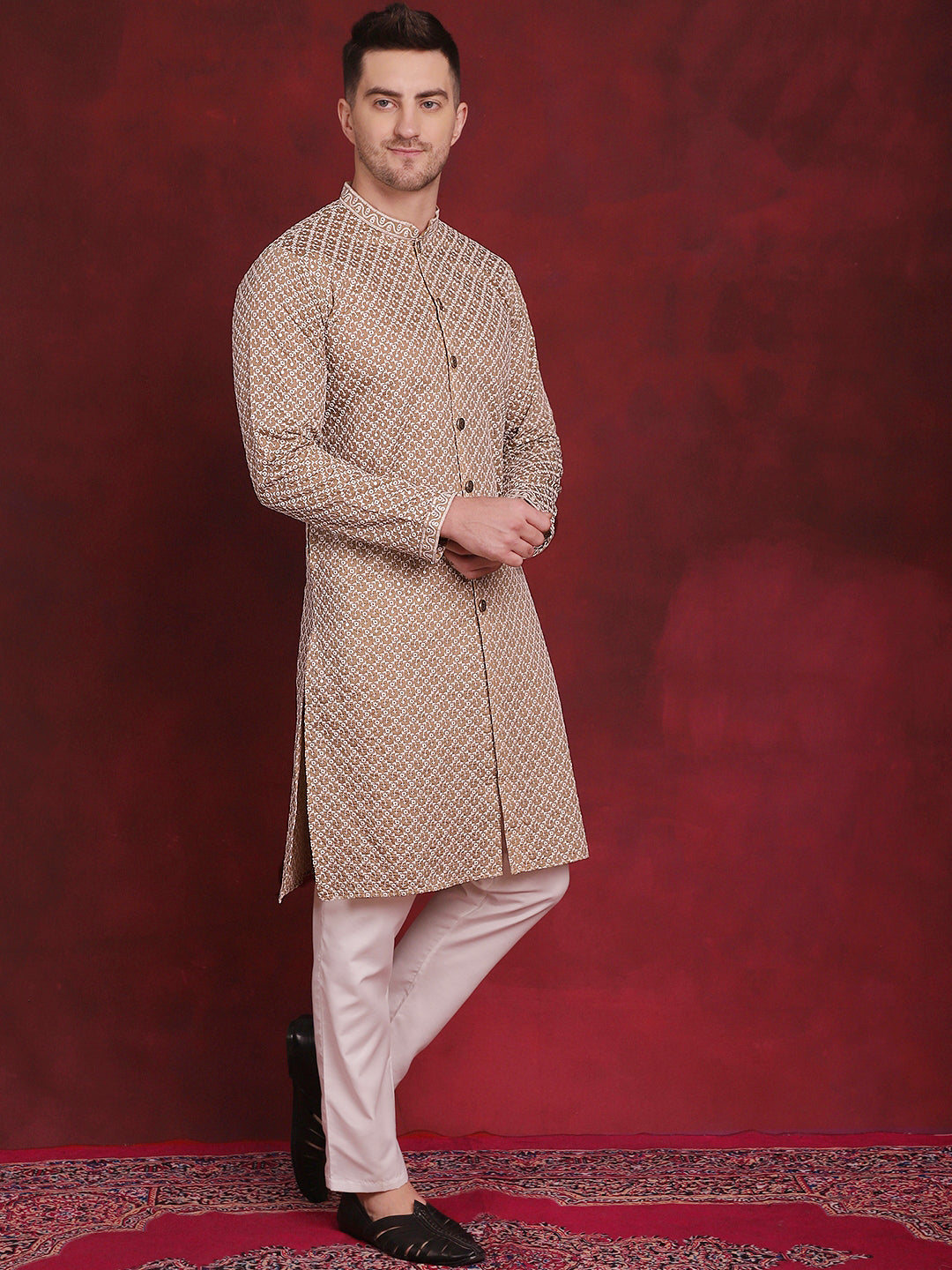 Sequin Chikankari Front Open Kurta With Pyjamas