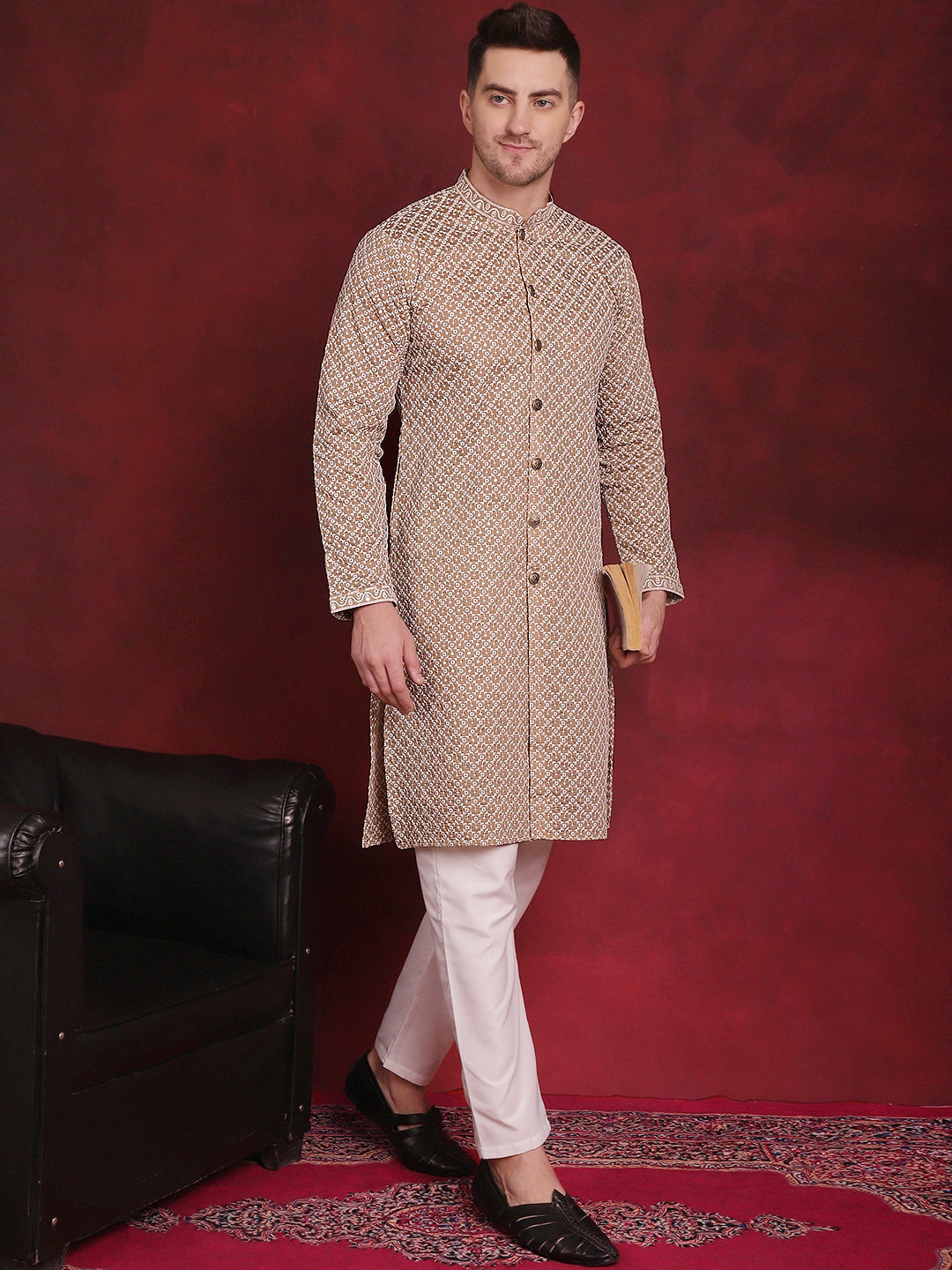 Sequin Chikankari Front Open Kurta With Pyjamas