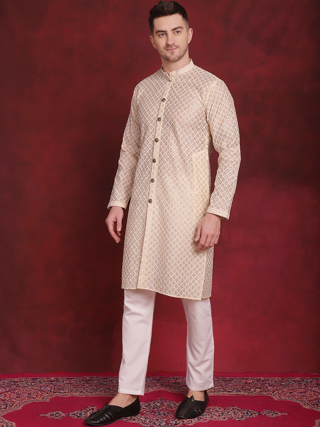 Sequin Chikankari Front Open Kurta With Pyjamas