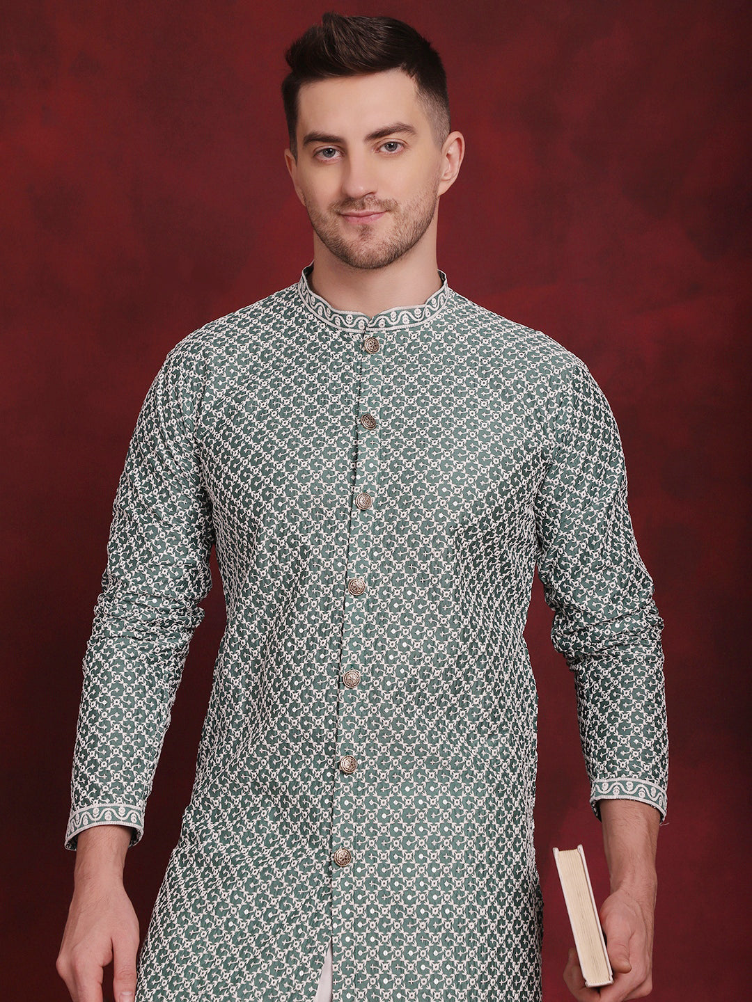 Sequin Chikankari Front Open Kurta With Pyjamas