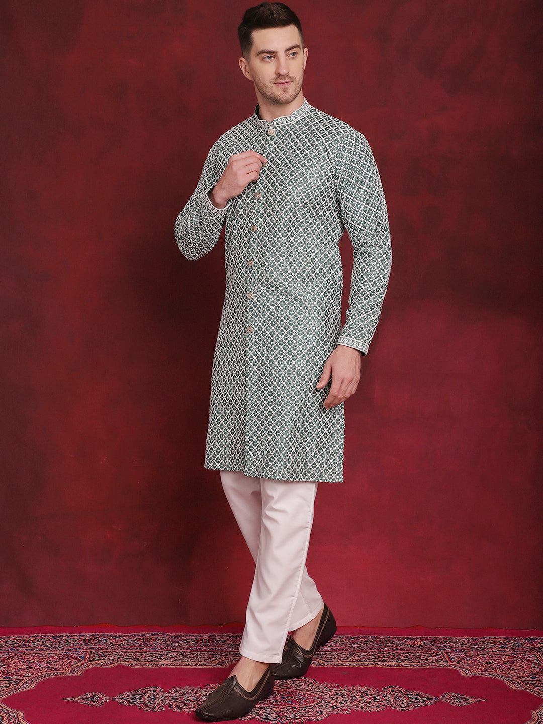 Sequin Chikankari Front Open Kurta With Pyjamas