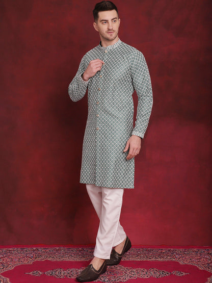 Sequin Chikankari Front Open Kurta With Pyjamas