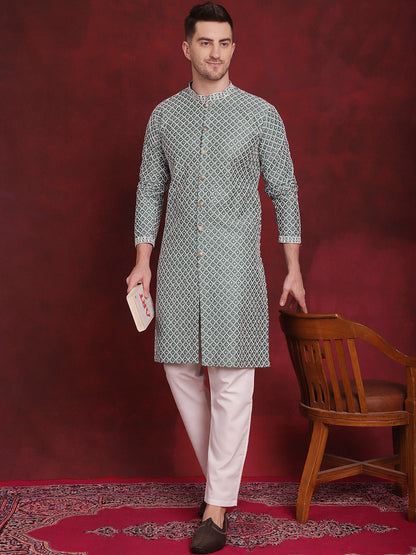 Sequin Chikankari Front Open Kurta With Pyjamas