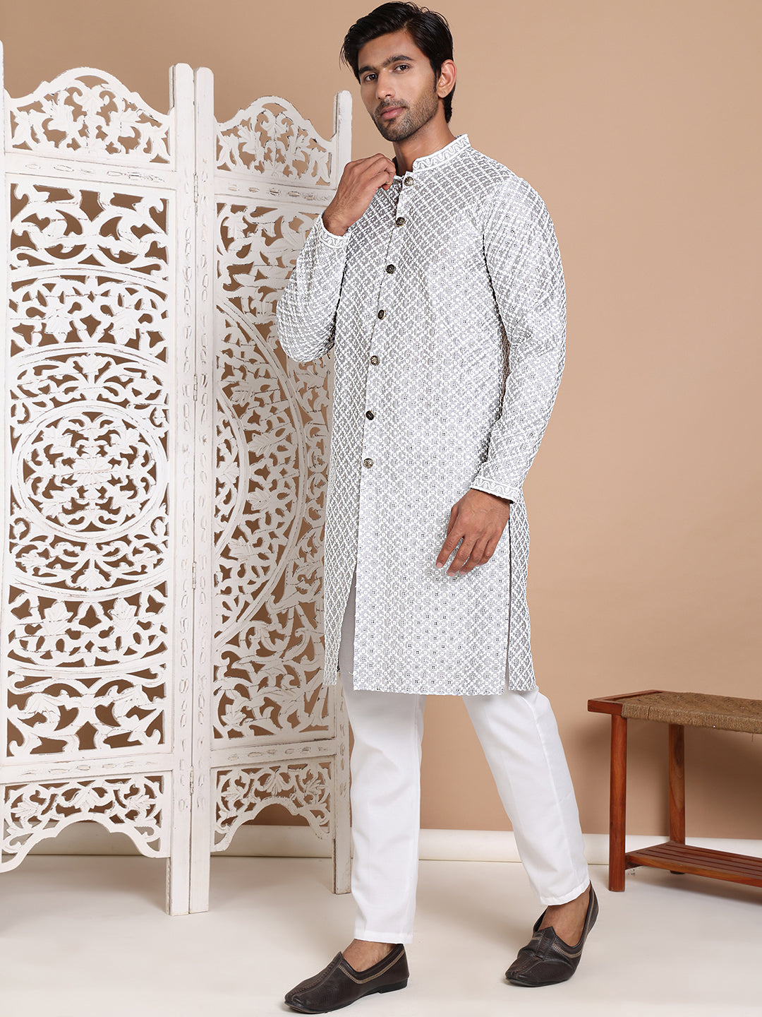 Sequin Chikankari Front Open Kurta With Pyjamas