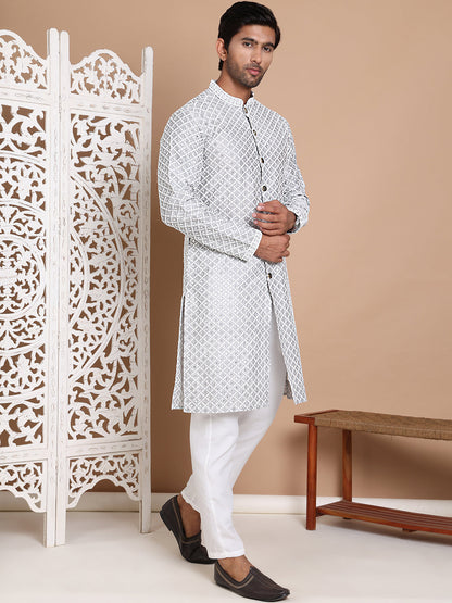 Sequin Chikankari Front Open Kurta With Pyjamas