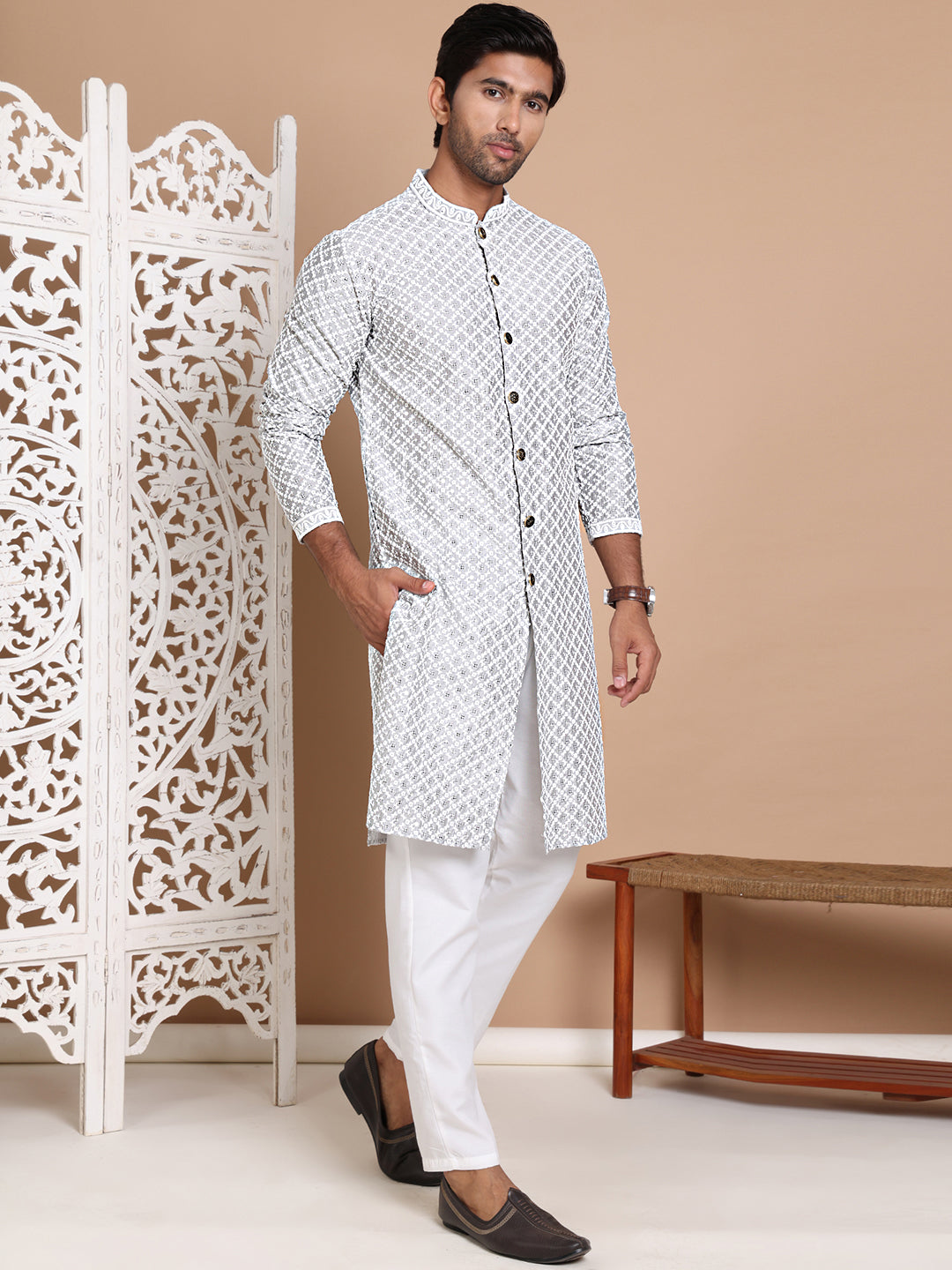 Sequin Chikankari Front Open Kurta With Pyjamas
