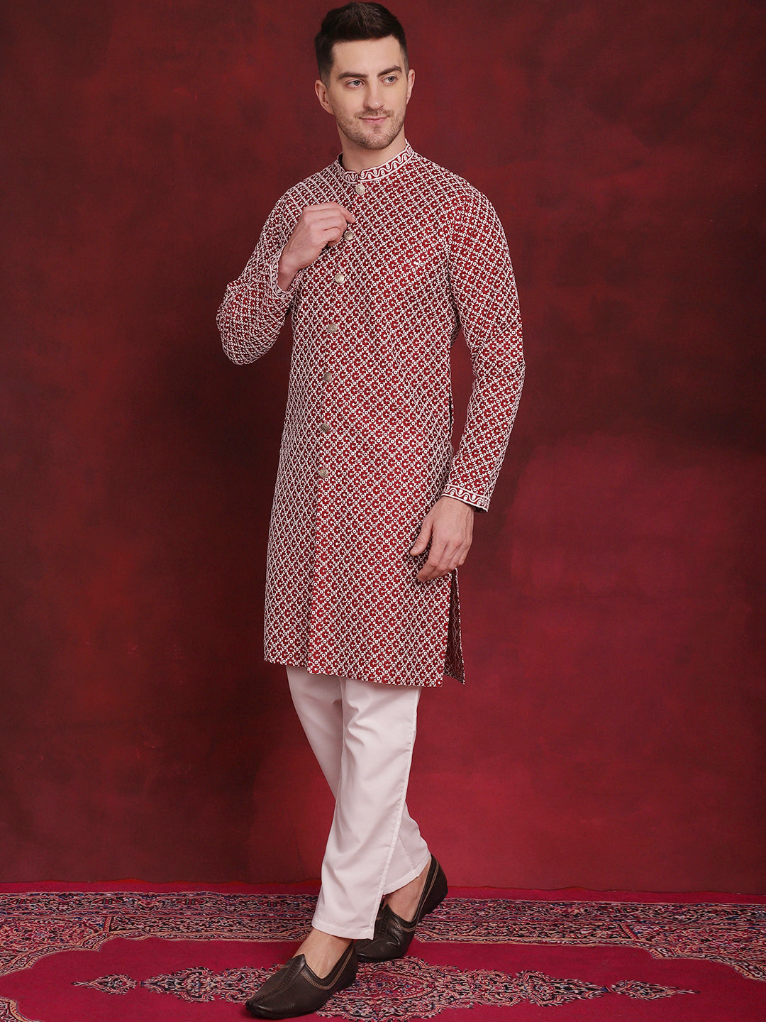 Sequin Chikankari Front Open Kurta With Pyjamas
