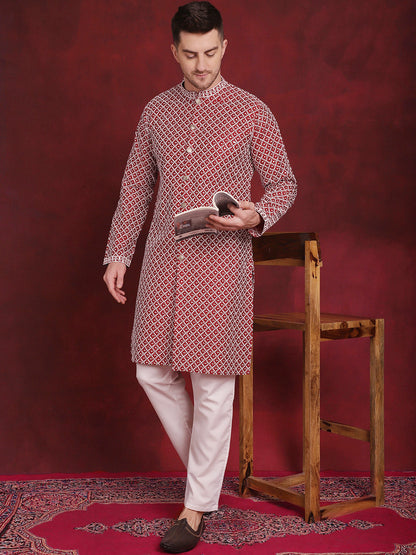Sequin Chikankari Front Open Kurta With Pyjamas