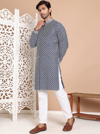 Sequin Chikankari Front Open Kurta With Pyjamas