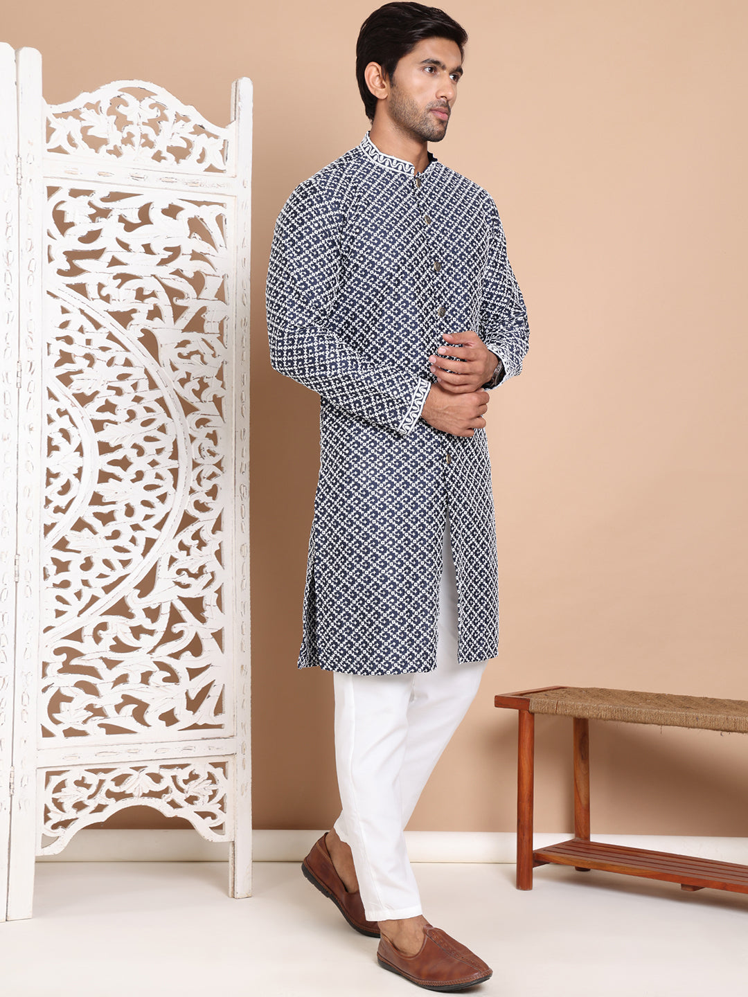 Sequin Chikankari Front Open Kurta With Pyjamas