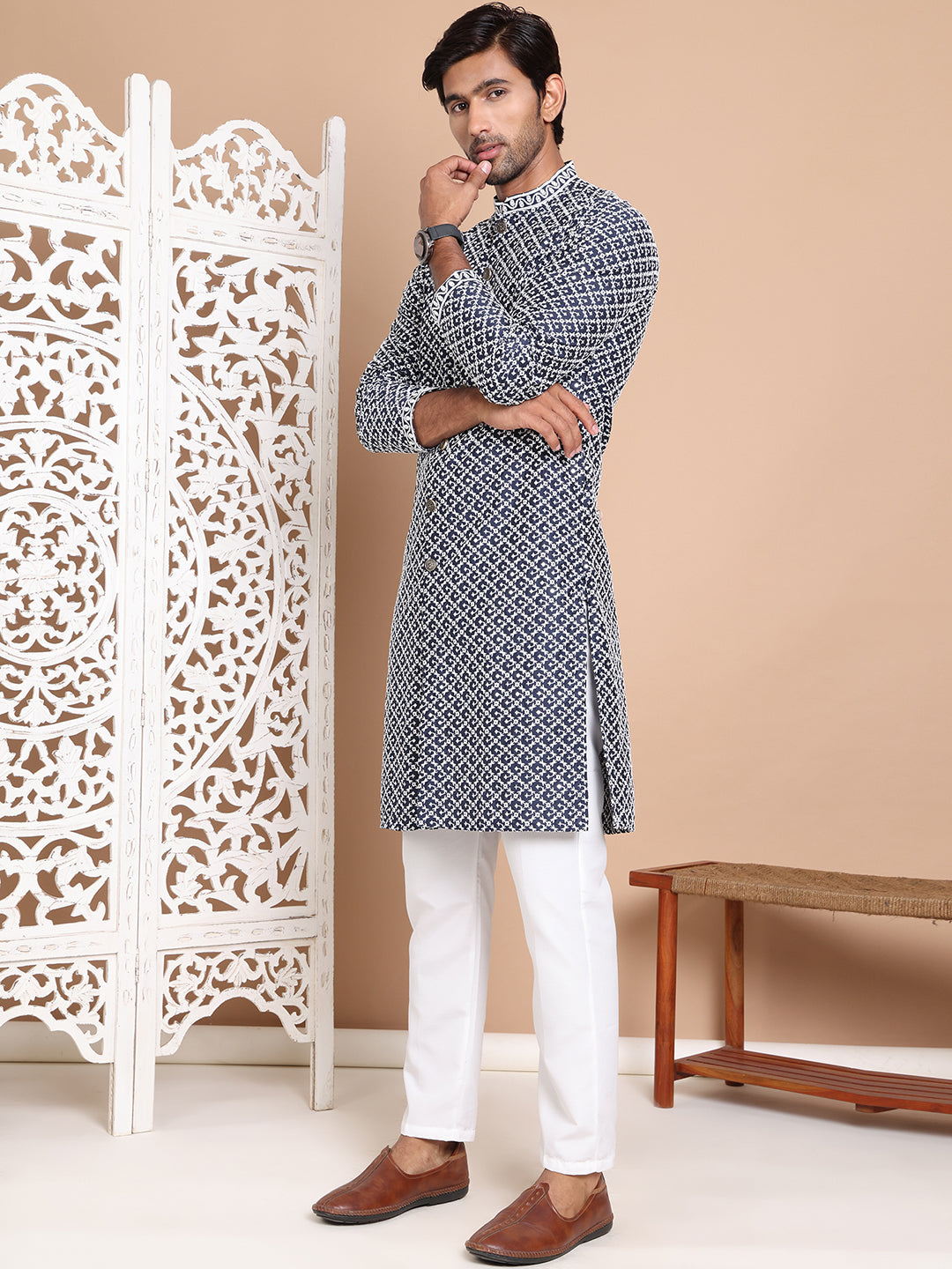 Sequin Chikankari Front Open Kurta With Pyjamas