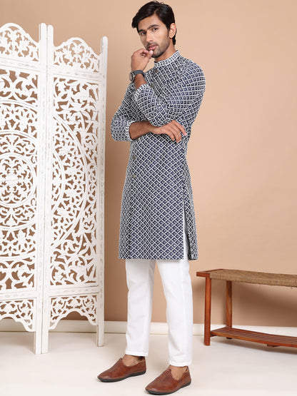 Sequin Chikankari Front Open Kurta With Pyjamas