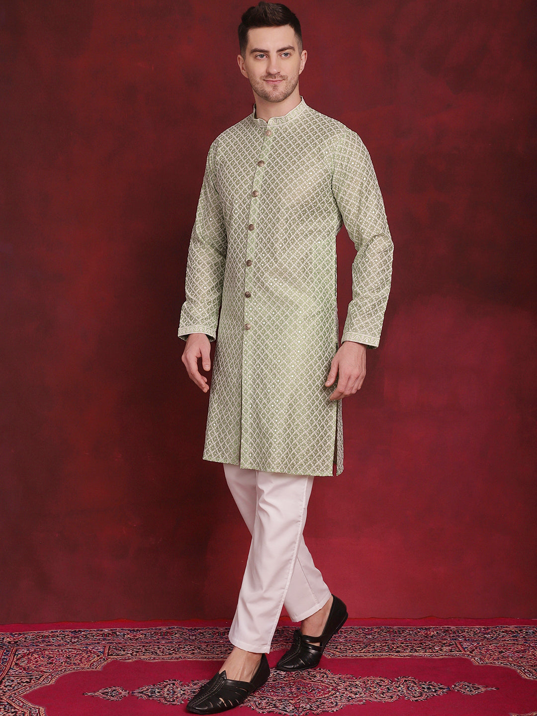 Sequin Chikankari Front Open Kurta With Pyjamas