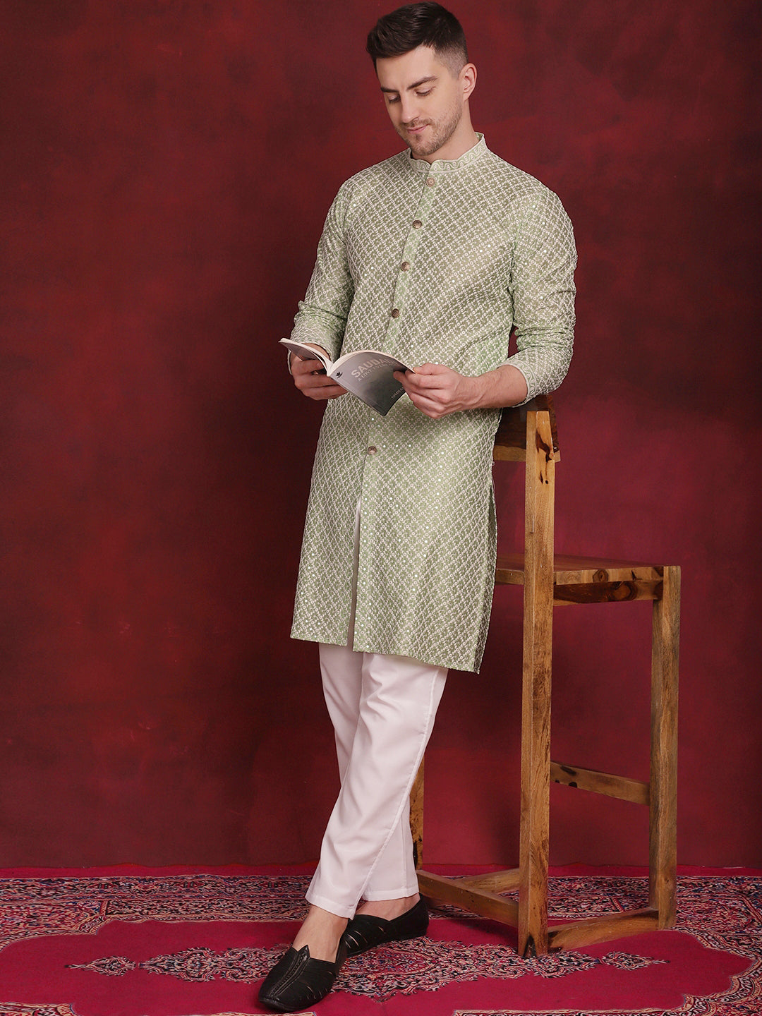 Sequin Chikankari Front Open Kurta With Pyjamas