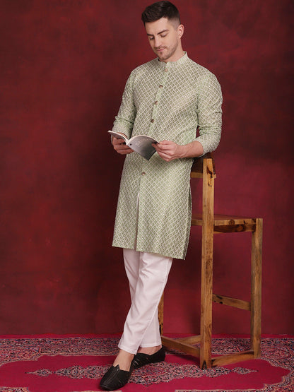 Sequin Chikankari Front Open Kurta With Pyjamas