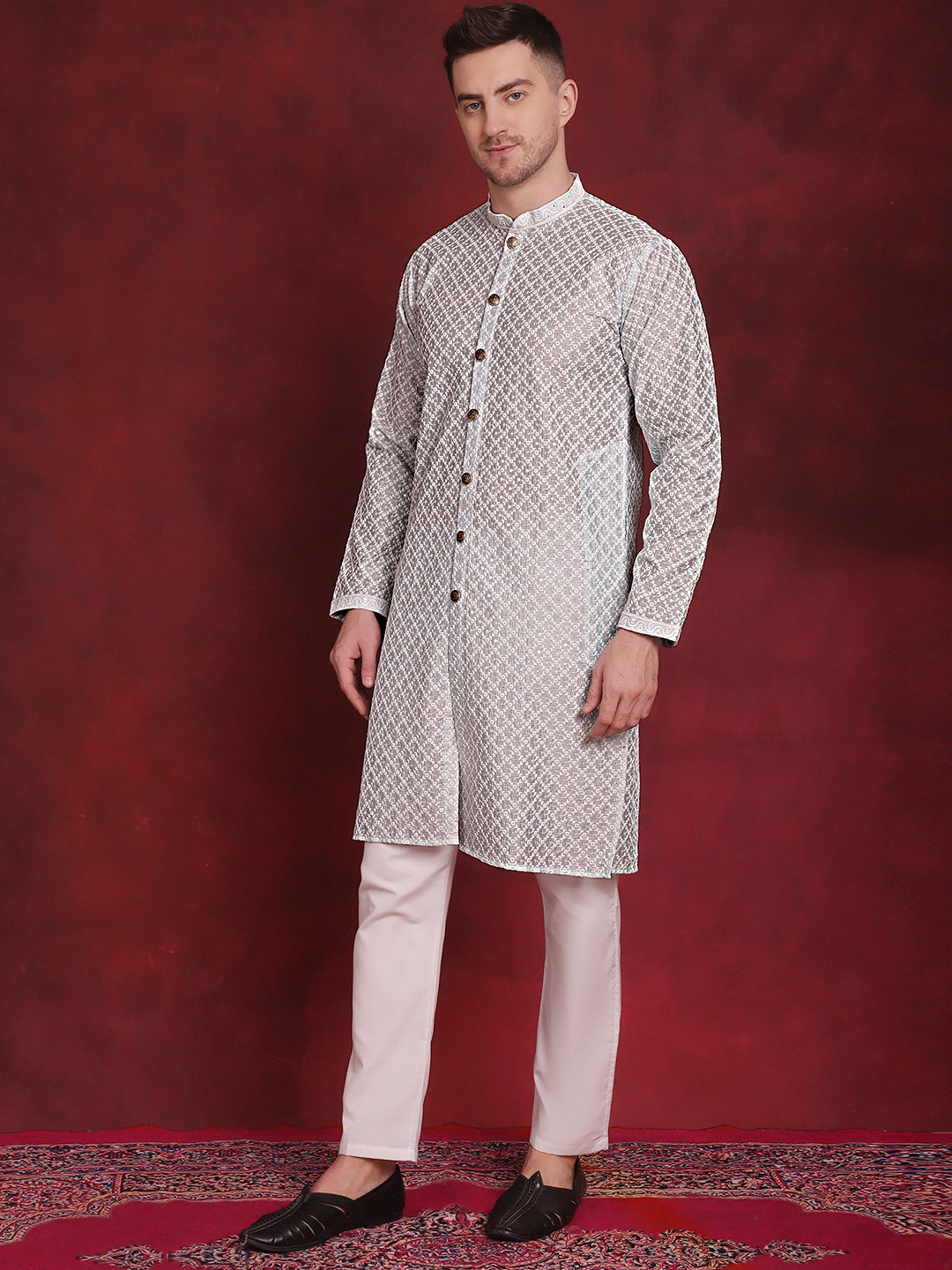 Sequin Chikankari Front Open Kurta With Pyjamas
