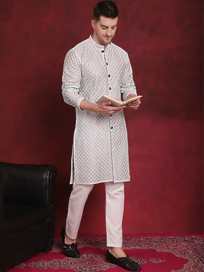 Sequin Chikankari Front Open Kurta With Pyjamas
