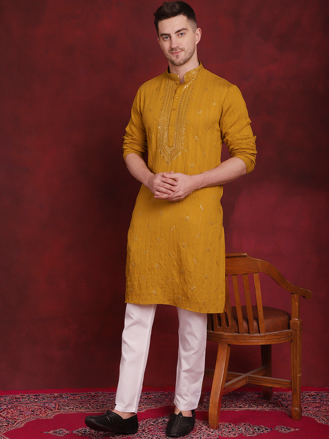Sequins Embroidered Kurta Pyjama Set For Men