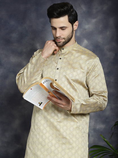Beige Woven Design Kurta With Pyjama