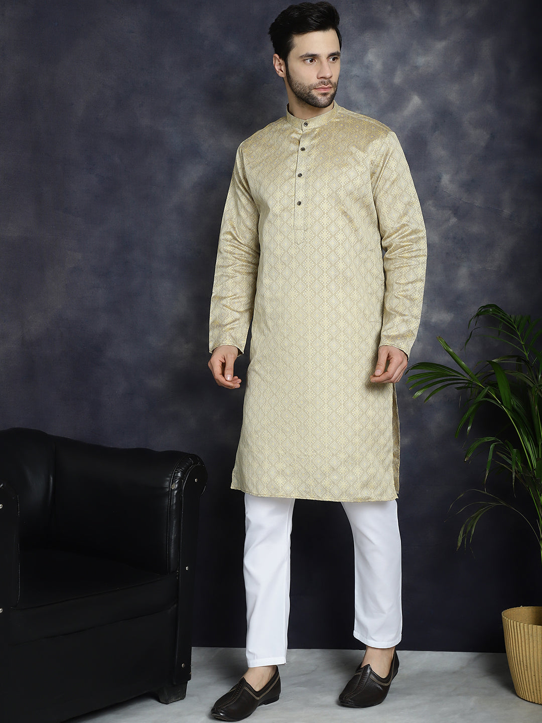 Beige Woven Design Kurta With Pyjama