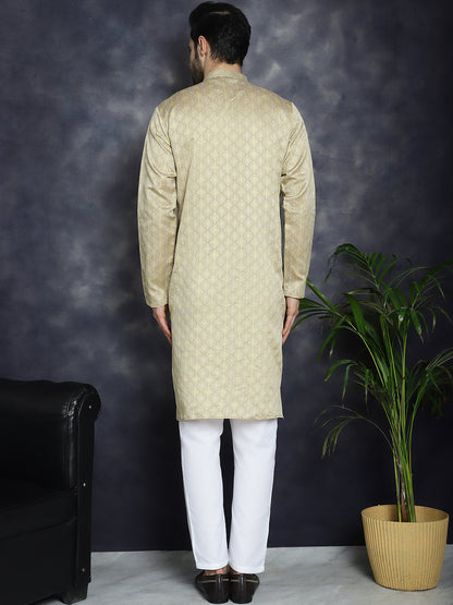 Beige Woven Design Kurta With Pyjama