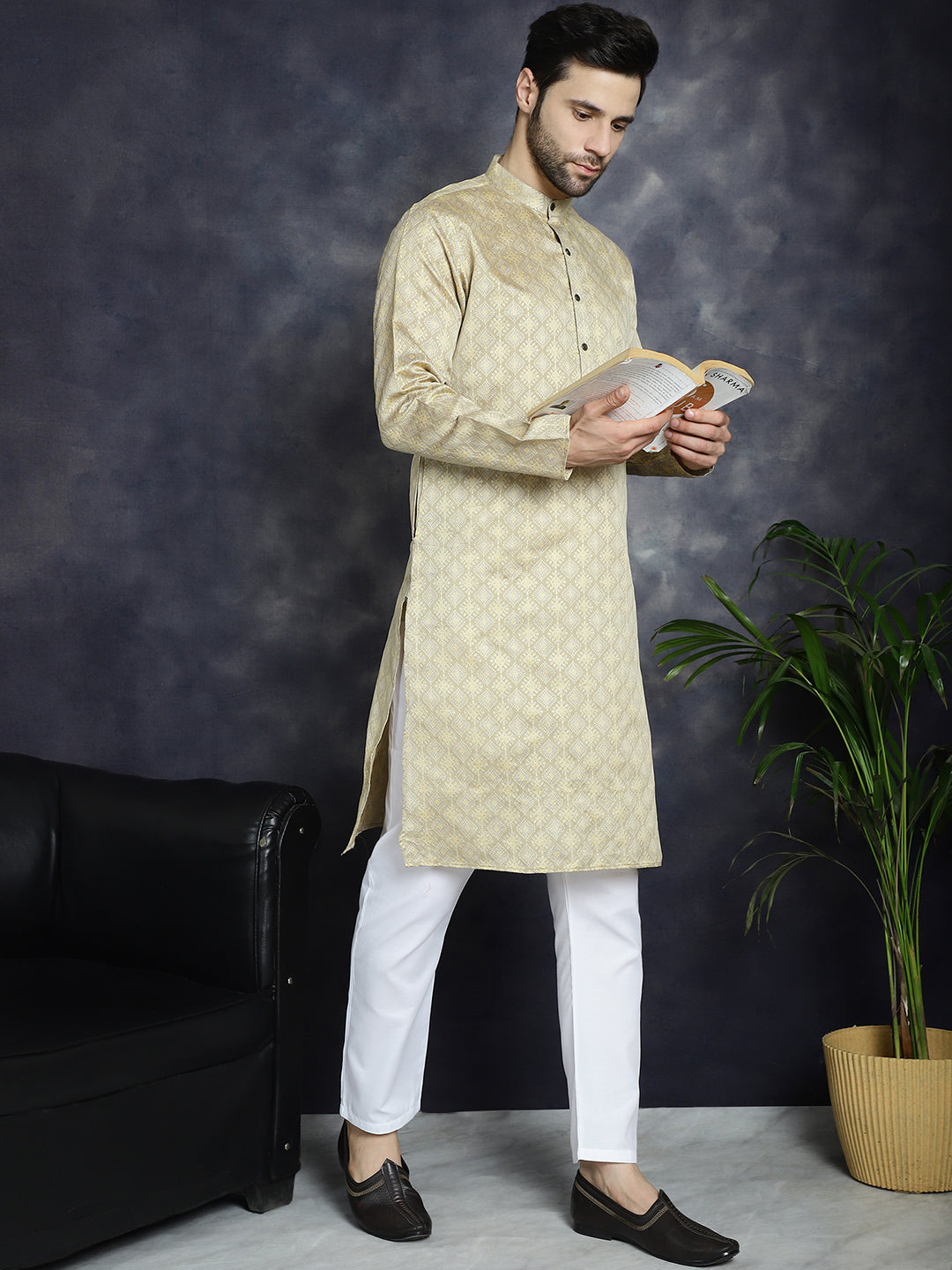 Beige Woven Design Kurta With Pyjama
