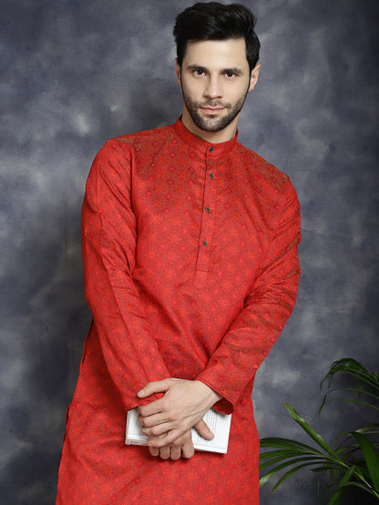 Red Woven Design Kurta With Pyjama