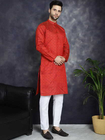Red Woven Design Kurta With Pyjama