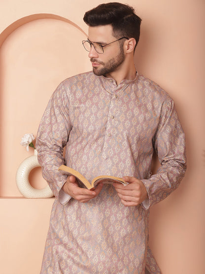 Peach Foil Printed Kurta With Pyjama