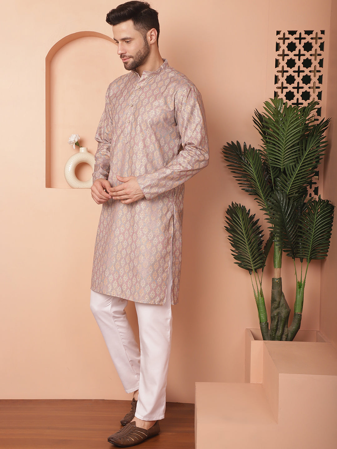 Peach Foil Printed Kurta With Pyjama