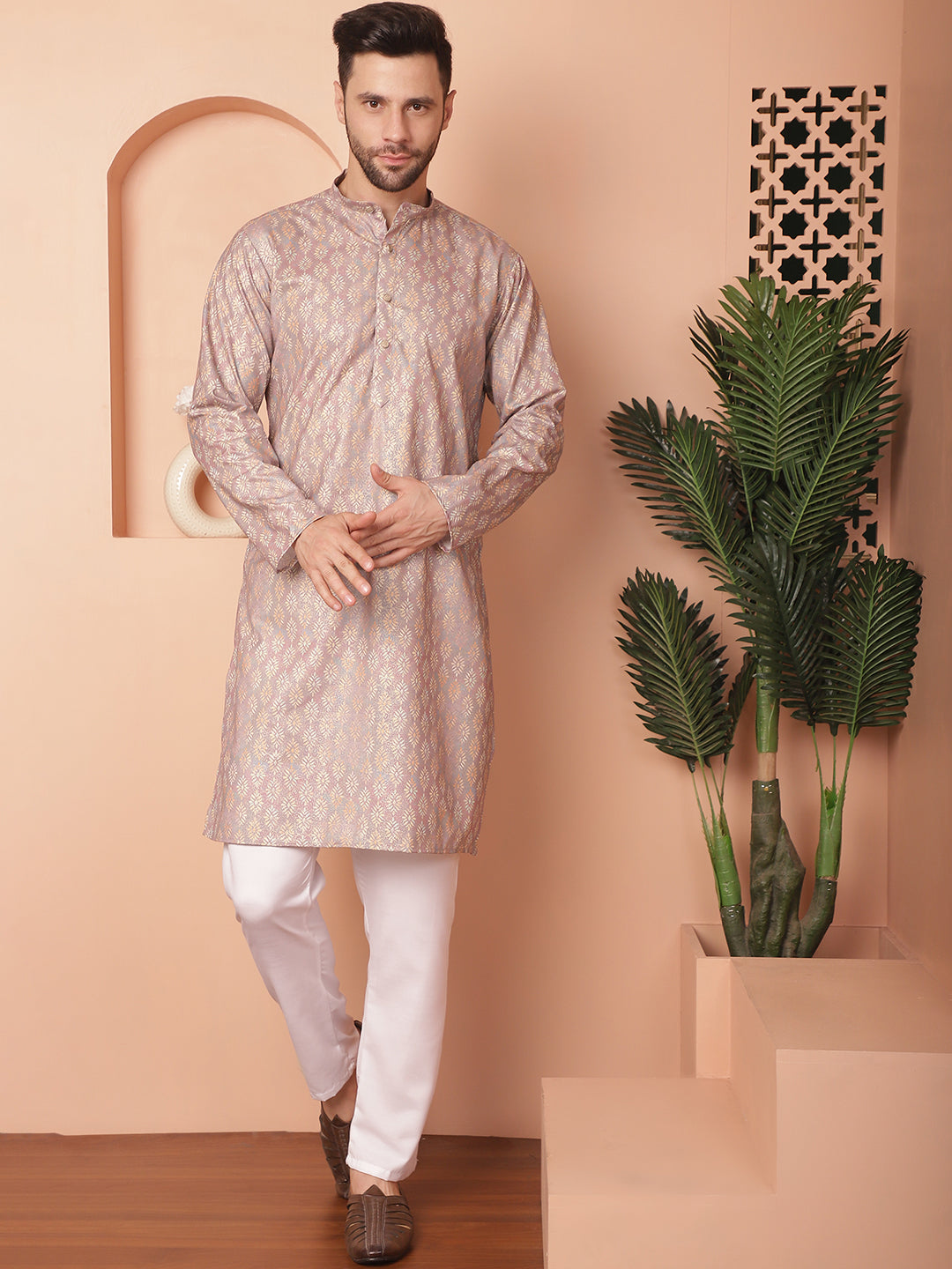 Peach Foil Printed Kurta With Pyjama
