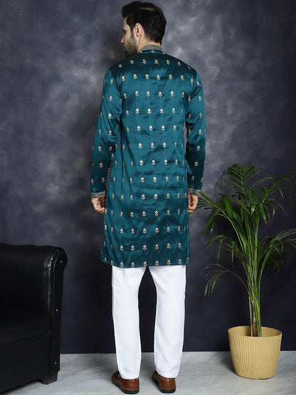 Men'S Peacock Blue Chikankari Embroidered Kurta With Pyjama.