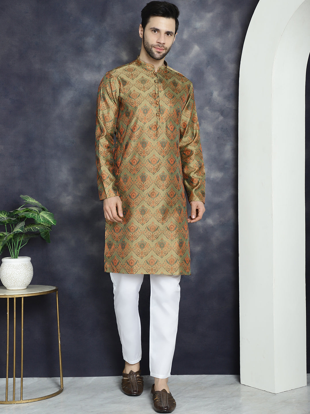 Men Golden Silk Blend Straight Kurta Pyjama Set