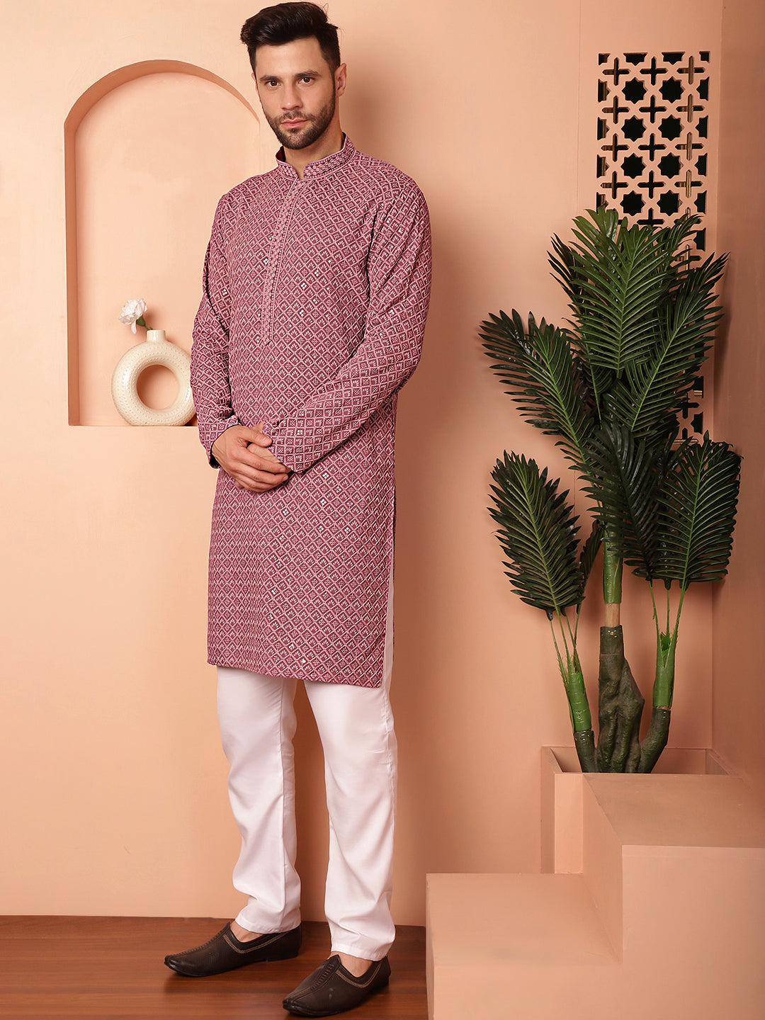 Men'S Magenta Embroidered And Sequence Kurta With Pyjama.