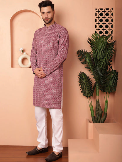 Men'S Magenta Embroidered And Sequence Kurta With Pyjama.